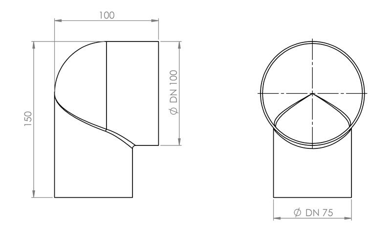 disegno tecnico VDPL03 - Plenum per valvola angolo 1 x 75 in - DN 100 out in plastica